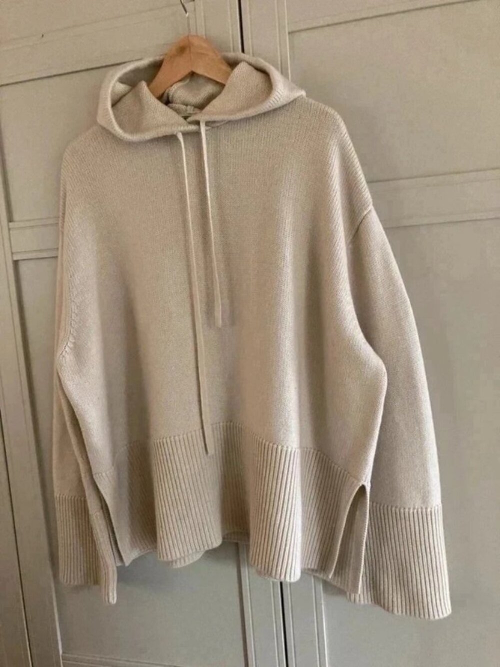 Toteme Signature Hooded Knit Light Sand Merino Wool Blend Hoodie Size M